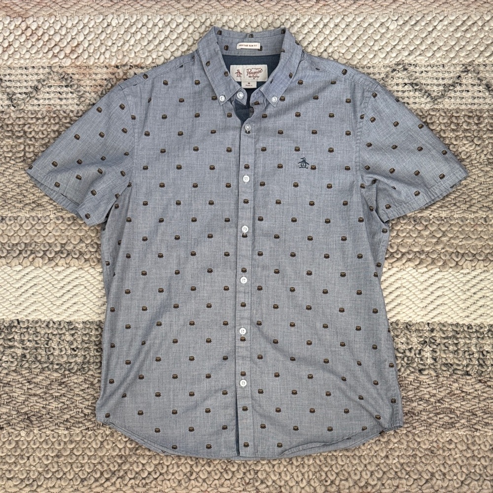 Original Penguin Grey Hamburger Pattern Button Down Short Sleeve Shirt